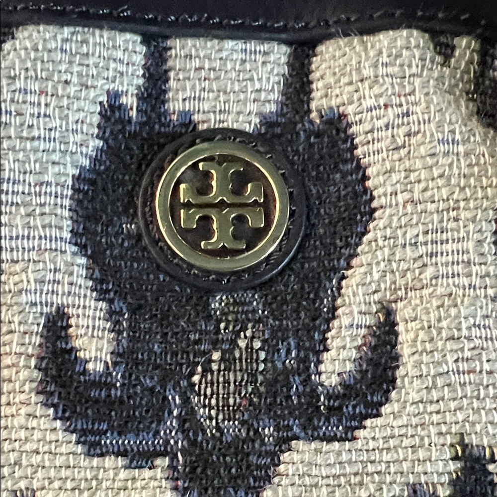 Tory Burch Navy and Green Patterned Fabric Tote with Leather Trim - Picture 2 of 6